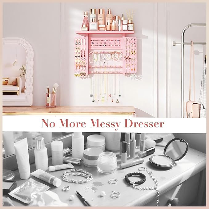 Emfogo Jewelry Organizer Hanging Wall Mounted Jewelry Holder, 5-in-1 Large Capacity Wood Necklace Organizer Wall Display for Ring, Necklaces, Bracelets, Earrings (Pink)