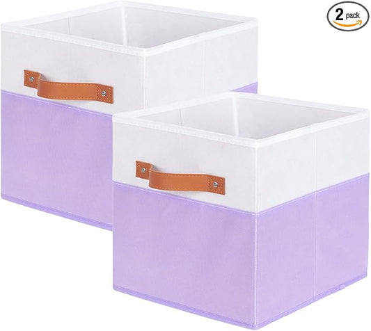 ShellKingdom Storage Bins, Two-Tone Foldable Fabric Storage Cubes with Leather Handle for Closet Toys Clothes Storage Organizer Drawer, 10.5 X 10.5 X 11 inch, 2 Pack (White/Lavender)