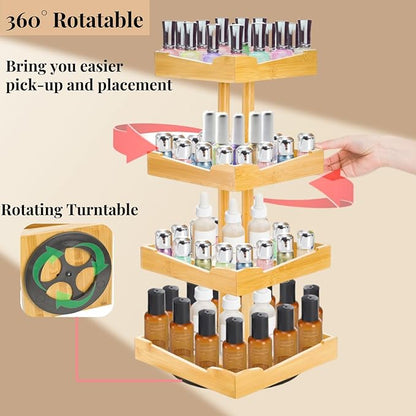 ZAVOOS Nail Polish Organizer, 4 Tier Bamboo Stand Essential Oil Display Rack for 120-212 Bottles, 360 Rotating Large Capacity Cosmetics Storage Shelf Holder for Home Spa, Business Salon