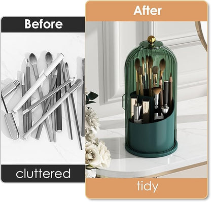 YOOLENS Makeup Brush Holder with Lid 360 Rotating Clear Dustproof Make Up Organizers for Vanity Bathroom Countertop, Green