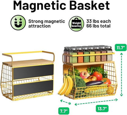 Magnetic Shelf for Fridge with Wood Lid, Fruit Potato and Onion Storage Bins, Pantry Organizers & Storage, Large Container Magnetic Spice Rack for Refrigerator, Kitchen Counter, Cabinet (Yellow, 2)