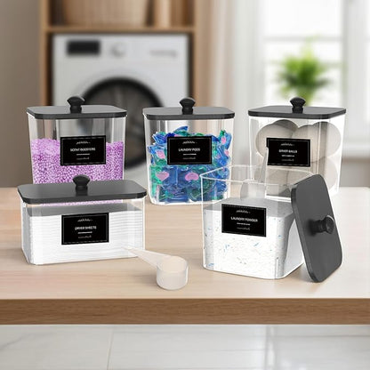 COAZEX 4+1 Pack Clear Laundry Pods Container & Dryer Sheet Holder, Plastic Square Laundry Room Organization and Storage Jars with Black Lids, Scoops & Labels for Detergent, Powder, Dryer Balls