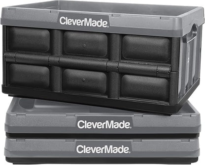 CleverMade Collapsible Storage Bins 32L 3 Pack – Heavy Duty Foldable Storage Bins with Built-In Handles for Garage Storage and Home Organization - Stone