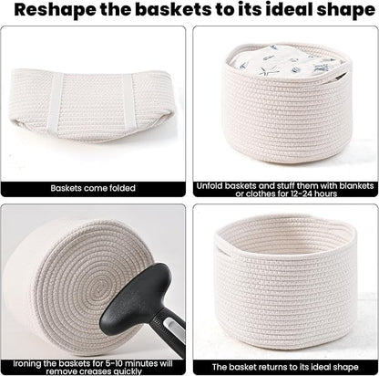 ICERZCZ Small Storage Baskets for Organizing, Woven Cotton Rope Organizer Baskets for Shelves, Round Cute Basket for Gifts Empty, 9.7"x9.7"x7" (3 Packs) Off White