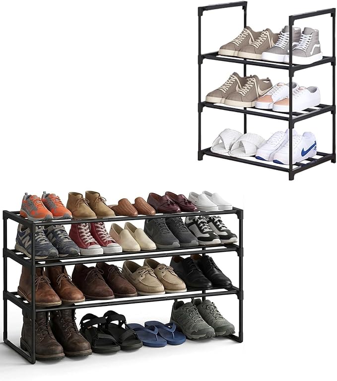3-Tier Expandable Shoe Rack for 16-20 Pairs, Adjustable Metal Shoe Storage, Upright or Upside Down, Stackable, 15.7" W x 12" D x 21.45" H for Entryway, Door Entrance,Closet