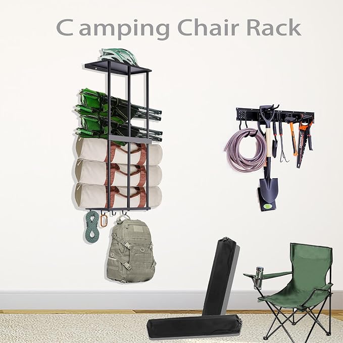 Camping Chair Rack for Garage Storage, Metal Camping Chair Storage Wall Mount Beach Chair Umbrella Storage Holder with 4 Hooks for Garage Organizer