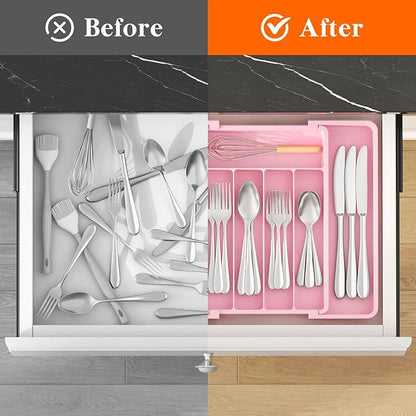 Lifewit Silverware Drawer Organizer, Expandable Utensil Tray for Kitchen, BPA Free Flatware and Cutlery Holder, Adjustable Plastic Storage for Spoons Forks Knives, 8.5"-14.1" x 12.1", Pink
