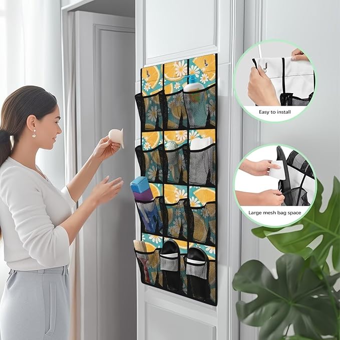 Over the Door Shoe Organizer 12 Large Mesh Pockets Hanging Shoe Rack for Closet Foldable Shoe Organizer Door Hanger Orange Daisy