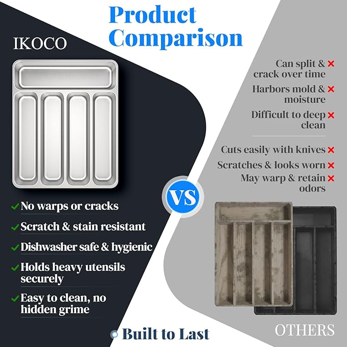 IKOCO 2-Pack Silverware Organizers Stainless Steel Kitchen Drawer Organizer with 5 Compartments, Dishwasher Safe for Spoons Forks Knives (13.8”x11.4”x1.6, Silver)