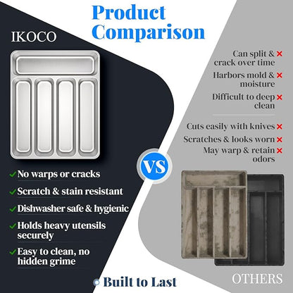 IKOCO 2-Pack Silverware Organizers Stainless Steel Kitchen Drawer Organizer with 5 Compartments, Dishwasher Safe for Spoons Forks Knives (13.8”x11.4”x1.6, Silver)