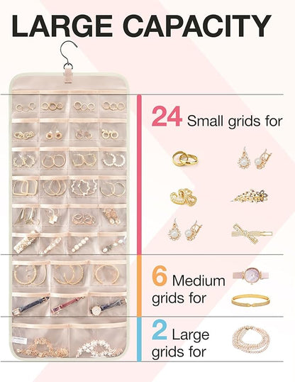BAGSMART Hanging Jewelry Organizer Storage Roll with Hanger Metal Hooks Double-Sided Jewelry Holder for Earrings, Necklaces, Rings on Closet, Wall, Door, 1 piece, Large, Beige