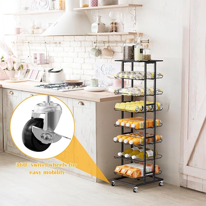Water Bottle Storage Rack - 7 Tier Free Standing Organizer With Wheels, Mobile Bottled Holder Stand for Floor, Space Saver Metal Beverage Soda Drink Shelf for Kitchen, Outdoor Party