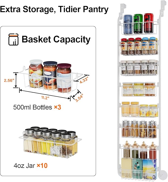 Delamu Narrow Over The Door Pantry Organizer, 8-Tier Metal Pantry Door Organization and Storage for Easy Install, Hanging Spice Rack Shelves, Door Organizer for Kitchen, 4.65"D x 13"W x 65"H, White