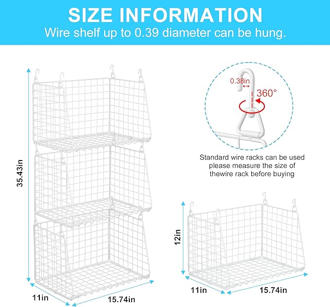 3-Pack Large Hanging Laundry Basket: Wire shelves for Laundry Room Organization with 360°Rotating Hooks Foldable Space Saving Over Washer and Dryer Shelves -Metal Laundry Basket Holder, White Patent