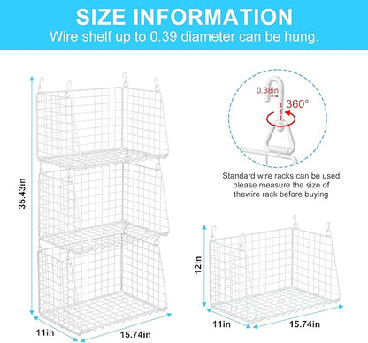 3-Pack Large Hanging Laundry Basket: Wire shelves for Laundry Room Organization with 360°Rotating Hooks Foldable Space Saving Over Washer and Dryer Shelves -Metal Laundry Basket Holder, White Patent