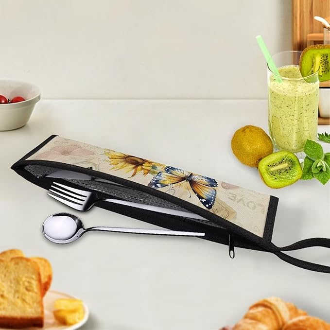 Sunflower Butterfly Cutlery Storage Bag Chopsticks Carry Bag Camping Party Kitchen Tableware Bag Flatware Pouch Case 11.8 Inch Dinnerware Organizer