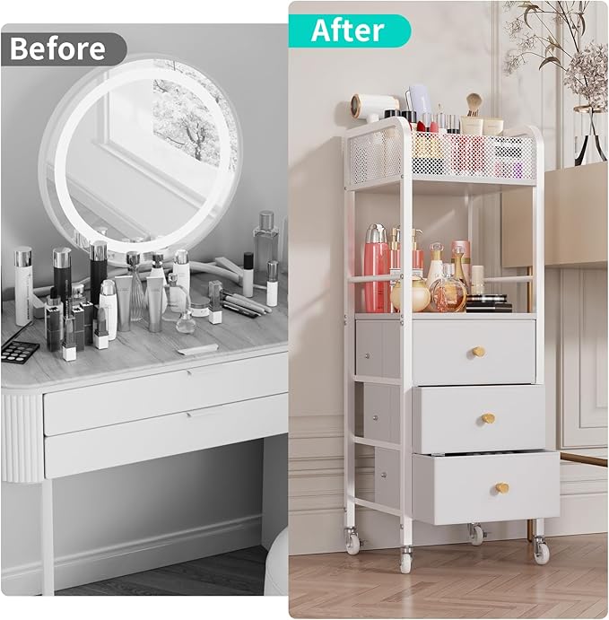 HapiRm Rolling Makeup Cart Organizer - Floor Skincare Make Up Storage with 3 Non-woven Fabric Drawers, Vanity Organizer Cosmetic Display Cases Holder for Skin Care Perfume Nail Polish Brush Hair Tool