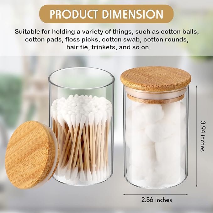 6 Pack Glass Apothecary Jars with Lids Bamboo Bathroom Accessories Cotton Balls Pads Swabs Holder Jar Bathroom Canisters for Vanity Accessories Storage