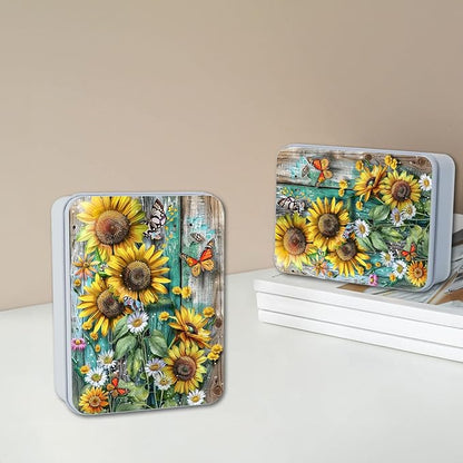 Metal Tin Box with Lid for Game Cards Home Organizer Candles Keys Crafts Storage - Equipped with 4 Magnetic Cord Clips，Sunflowers Daisies and Butterflies