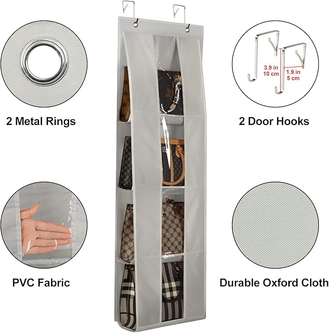 Lirex Over the Door Purse Organizer, handbag storage organizer with 4 Clear Pockets Foldable, purse storage, scarf storage, clothing organizer, legging organizer for hanging closet organize, Gray