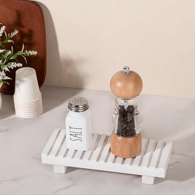 Bathroom Tray Rustic Farmhouse Bathroom Decor Wood Display Stand Riser Kitchen Soap Dish Holder for Vanity, Countertop, Sink, 8.6 * 3.6 White