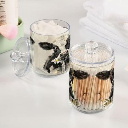 Watercolor Cow Qtip Holder 4 Pack - 10 Oz Clear Plastic Apothecary Jar Set for Bathroom Organization - Versatile Canister Storage for Cotton Balls, Swabs, Rounds