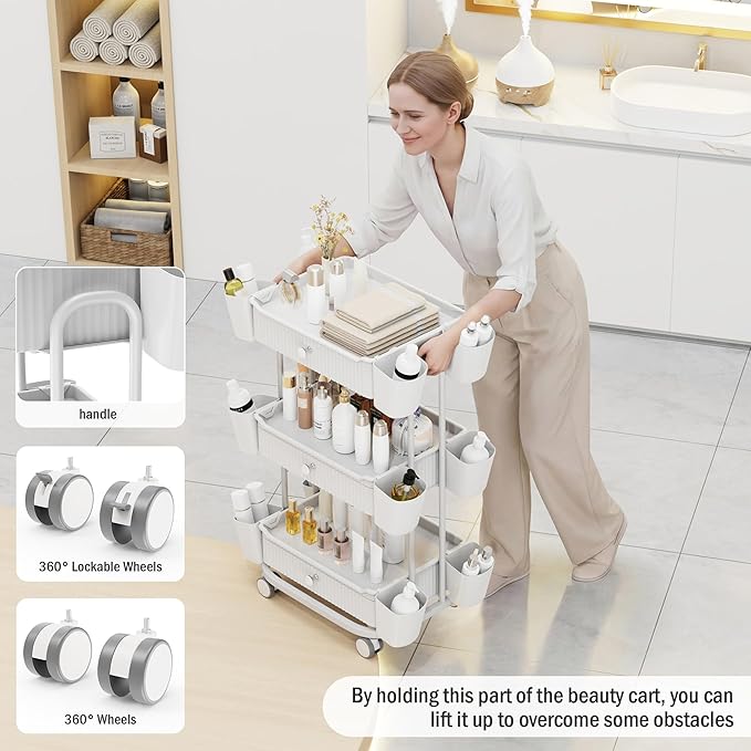 3 Tier Drawer Beauty Cart with 12 Movable Storage Organizer, Thickened ABS & 360° Wheels for Salon Station for Hair Stylist, Beauty Salon, Spa Massage Parlor, Makeup Organizer and More - White