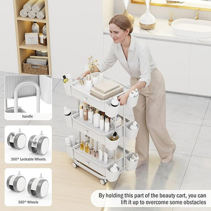 3 Tier Drawer Beauty Cart with 12 Movable Storage Organizer, Thickened ABS & 360° Wheels for Salon Station for Hair Stylist, Beauty Salon, Spa Massage Parlor, Makeup Organizer and More - White
