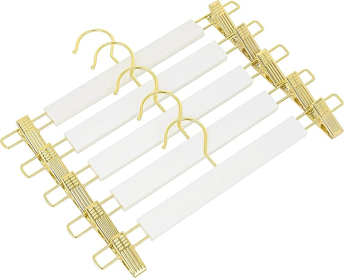 Amber Home 24 Pack 14.17" Solid White Wooden Pant Skirt Hangers with Gold Hook, Bottom Hangers for Slacks Trousers Jeans with 2-Adjustable Gold Clips (White, 24 Pack)