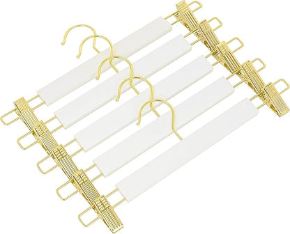 Amber Home 24 Pack 14.17" Solid White Wooden Pant Skirt Hangers with Gold Hook, Bottom Hangers for Slacks Trousers Jeans with 2-Adjustable Gold Clips (White, 24 Pack)