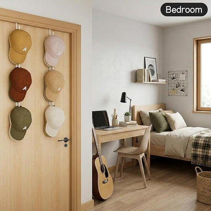 Over Door Hat Rack,2 Pack Hat Organizer with 6 Hooks and 4 Anti-Shake Adhesive Pads,Baseball Hat Organizer Holds Up to 30 Hats, Hat Storage for Door, Bedroom,Closet （White）