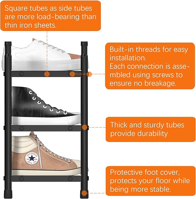 TZAMLI 3-Tier Expandable Metal Shoe Rack for Closet, Stackable Shoe Organizer Adjustable Shoe Storage Small Shoe Shelf for Entryway Entrance, 17.2"-30" x 9" x 16.4" Inch Black