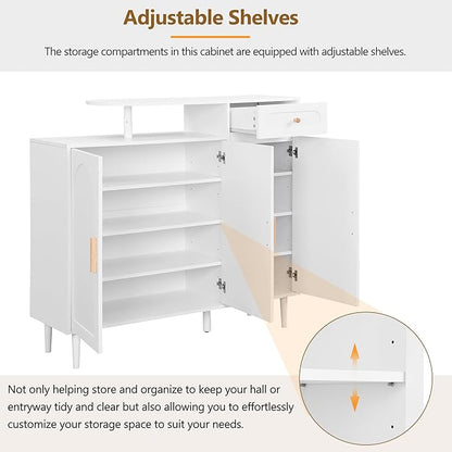 JIVOIT Shoe Cabinet with Adjustable Shelves and Drawer, Cream Style Storage Sideboard with Arched Doors, Solid Wood Legs, Wood Shoe Rack for Entryway, Living Room (White,164)