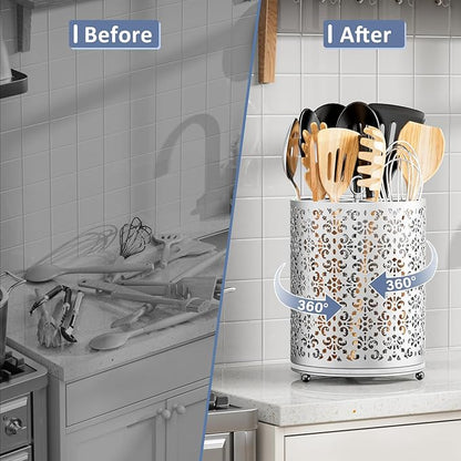 YIUKEA Extra Large Utensil Holder - 360° Rotating Cooking Utensils Caddy Countertop Organizer with Instant-Dry and Removable Base for Kitchen Tools