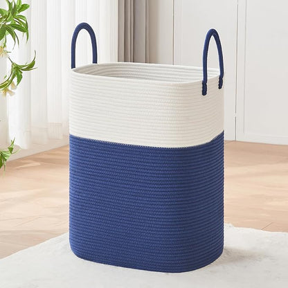 AINUOQI Laundry Basket with Handles - Blanket Basket & Hampers for Bedroom Aesthetic, Laundry Hamper & Blanket Storage for Living Room, Clothes Hamper, Tall, Large 17" x 14" x 23”, White & Dark Blue