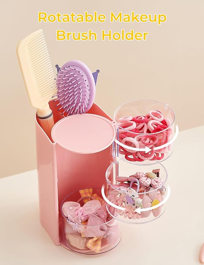 UFORU Hair Accessories Organizer with Hair Brush Holder, 3 Drawer Rotatable Hair Tie Organizer for Makeup Brushes, Hair Clips, Earrings, Necklaces, Bracelets and Hair Accessories, Pink, 3-Layer