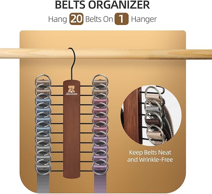 ZEDODIER Wooden Tie Rack, Tie Hanger for Men Closet, 20 Storage Capacity, Non-Slip Rotatable Tie Organizer, Hanging Space Saving Holder, Vintage