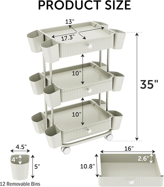 3 Tier Drawer Beauty Cart with 12 Movable Storage Organizer, Thickened ABS & 360° Wheels for Salon Station for Hair Stylist, Beauty Salon, Spa Massage Parlor, Makeup Organizer and More - Beige Gray