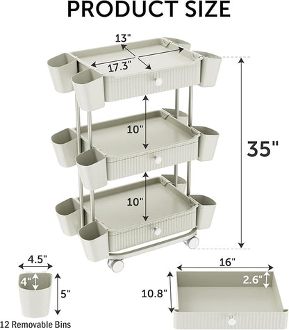 3 Tier Drawer Beauty Cart with 12 Movable Storage Organizer, Thickened ABS & 360° Wheels for Salon Station for Hair Stylist, Beauty Salon, Spa Massage Parlor, Makeup Organizer and More - Beige Gray
