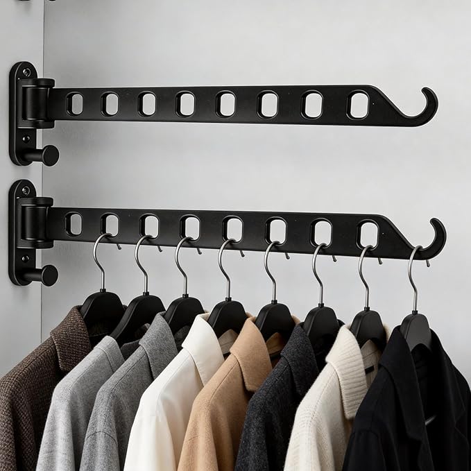 2 Pack Swing Arm Clothes Hanger Rack Wall Mount, Laundry Room Drying Rack with Swing Arm, 8 Holes and 180°Rotation, Swing Away Hanger Rack, Sturdy Hanging, Solid Aluminum (Black)