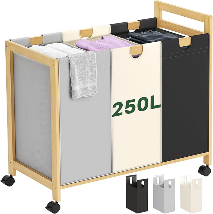 Homykic 250L Laundry Sorter Cart with Wheels, 3-Section Rolling Laundry Basket with Removable Bags, 66 Gal Large Laundry Hamper Organizer, Heavy Duty Bamboo Frame, Water-Resistant, Multicolor
