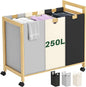 Homykic 250L Laundry Sorter Cart with Wheels, 3-Section Rolling Laundry Basket with Removable Bags, 66 Gal Large Laundry Hamper Organizer, Heavy Duty Bamboo Frame, Water-Resistant, Multicolor