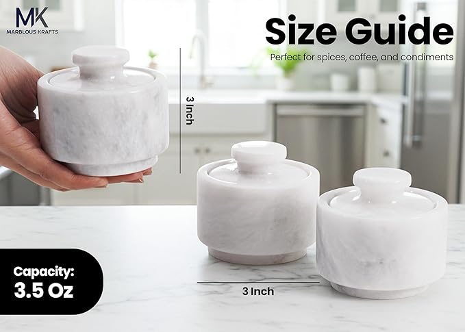 MARBLOUS KRAFTS Set of 3 Marble Salt Cellars with Lids 3" Inch White Salt Holders for Kitchen, Dining, Spices, or Gifts, Modern, Practical Storage for Salt & Spices in Any Kitchen or Dining Room.