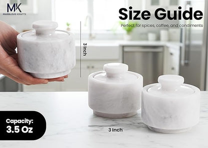 MARBLOUS KRAFTS Set of 3 Marble Salt Cellars with Lids 3" Inch White Salt Holders for Kitchen, Dining, Spices, or Gifts, Modern, Practical Storage for Salt & Spices in Any Kitchen or Dining Room.