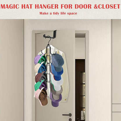 Hat Rack for Door, Collapsible Over The Door Hat Organizer with 10 Large Hooks, Holds 40 Baseball Caps, Rotatable Metal Space Saving Caps Hanger for Display and Storage, Black