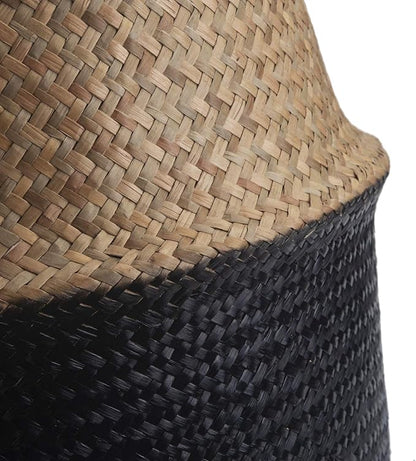 DOKOT Seagrass Belly Basket with Handles Natural Woven Planter Baskets for Indoor Plants Storage Laundry (Black 8 inch D x 9 inch H)