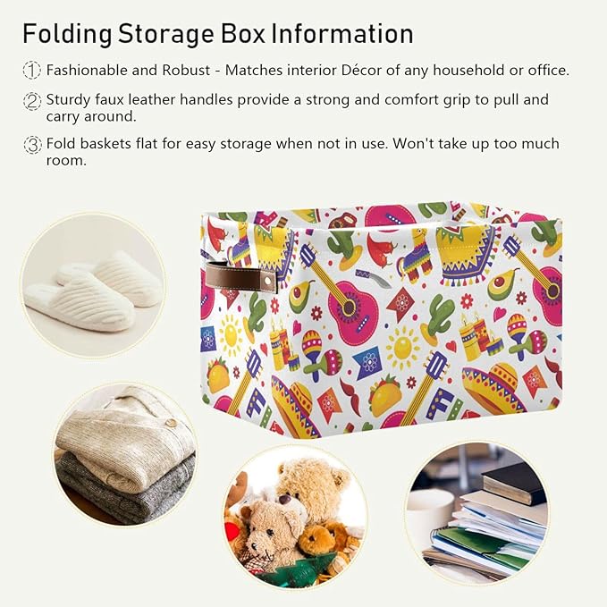 YETTASBIN Cinco De Mayo Storage Basket 1pc, Large Collapsible Toys Clothes Organizer, Long-Lasting Canvas Storage Bin with Handle for Shelves Closet Laundry Home Office Decor