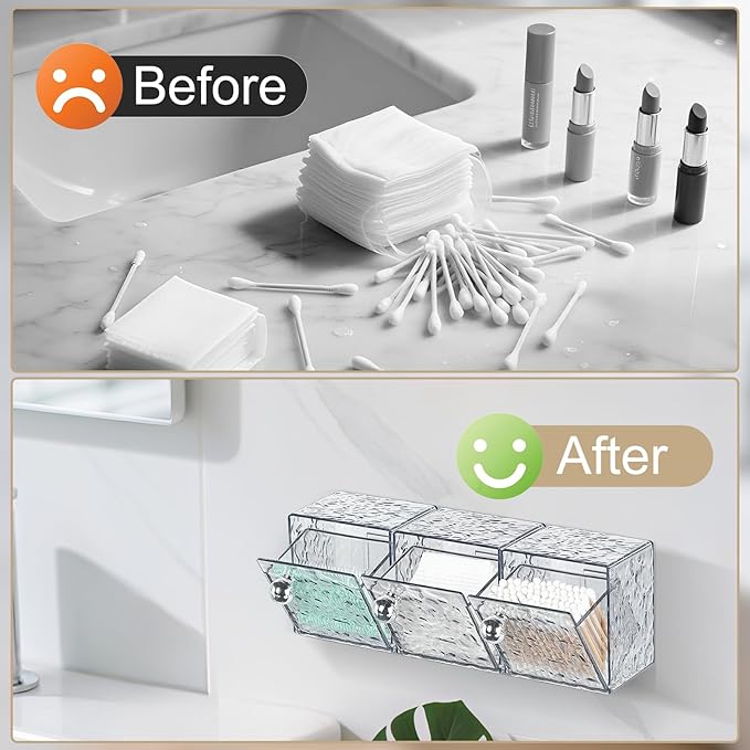 Qtip Holder Dispenser, 3 Pack Wall Mounted Plastic Cotton Pad Holder, Cotton Ball, Swabs, Floss, Makeup Organizers Containers for Vanity Bathroom