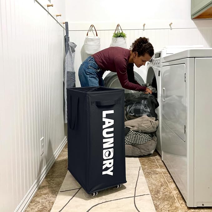 CHICVITA 75L Slim Laundry Hamper with Wheels and Removable Wash Bag, Black Rolling Basket with Handle for Laundry Room
