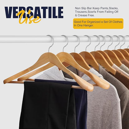 Wooden Suit Hangers 10 Pack - Heavy Duty Wide Shoulder Hangers With Non Slip Pants Holder for Men, Women, Coats, Jackets (Natural)